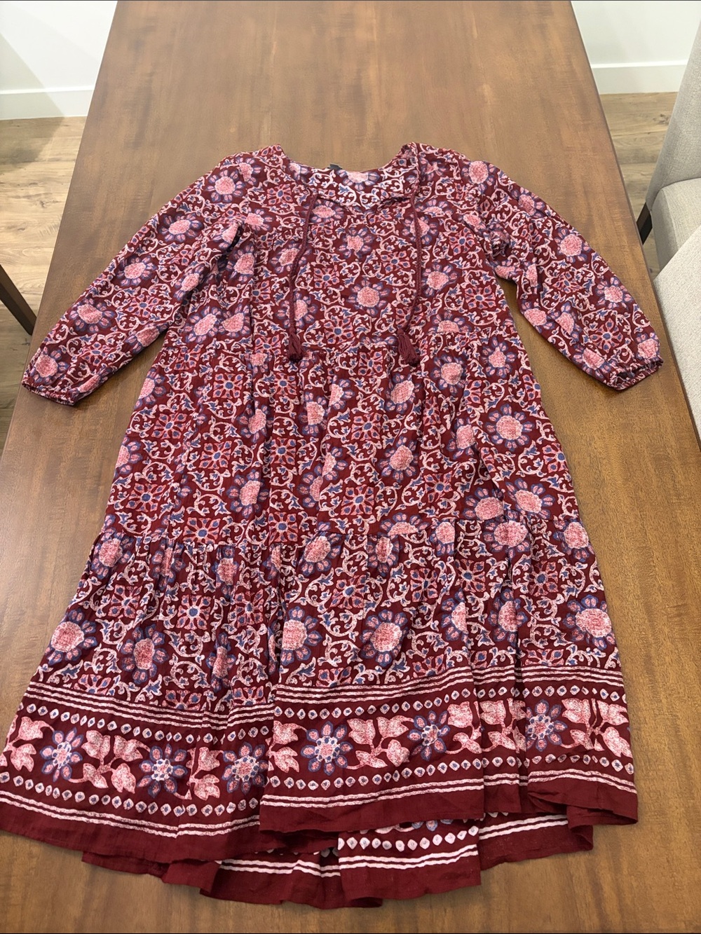 aerie Burgundy Floral Tiered Long-Sleeve Dress